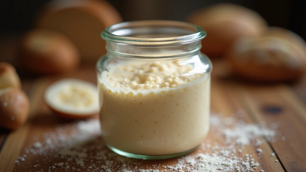Active sourdough starter in glass jar showing bubbly fermentation and proper consistency