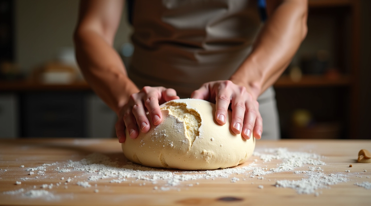 Artisan baker shaping sourdough loaf on wooden work surface, demonstrating proper tension technique