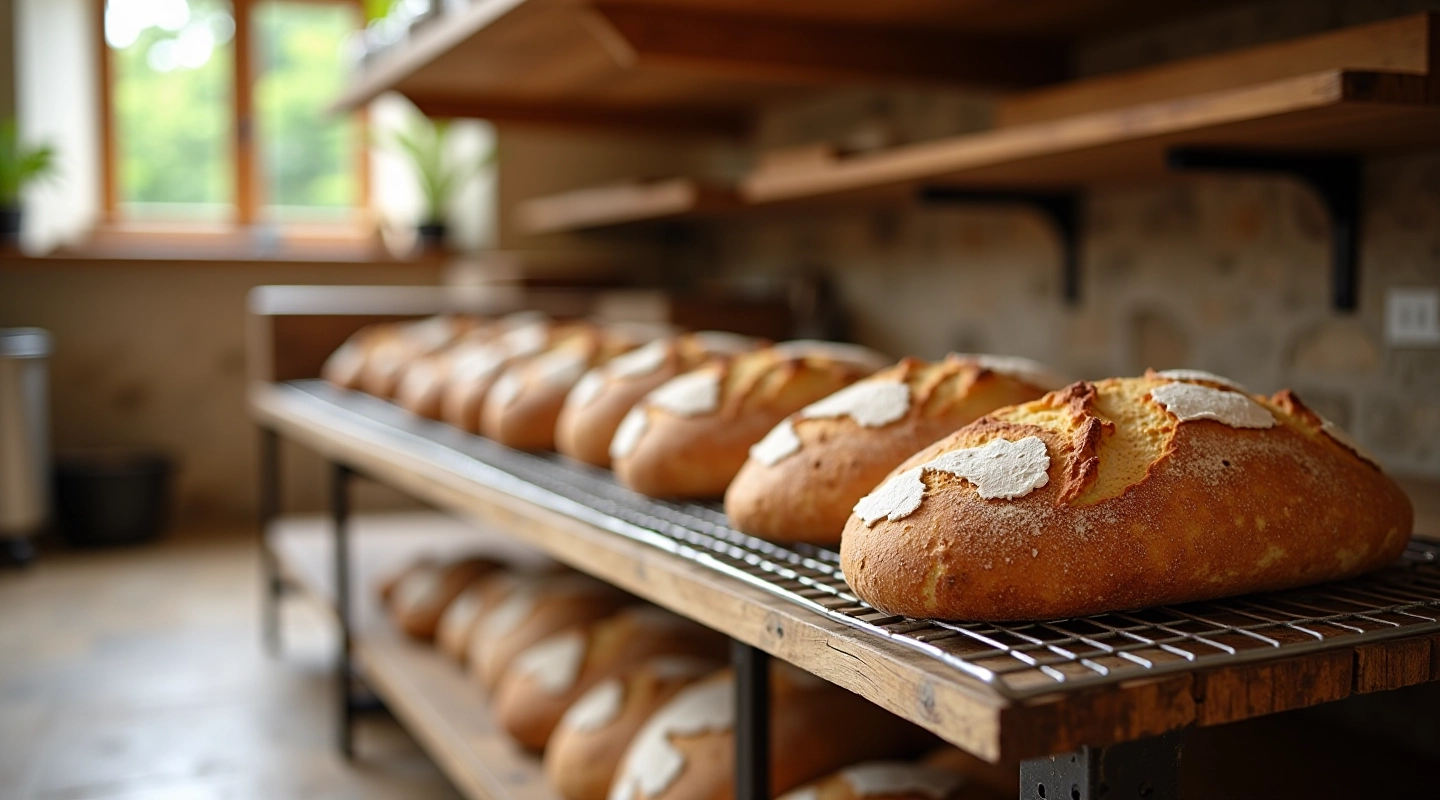 Rustic sourdough bakery workspace with fresh loaves and baking equipment