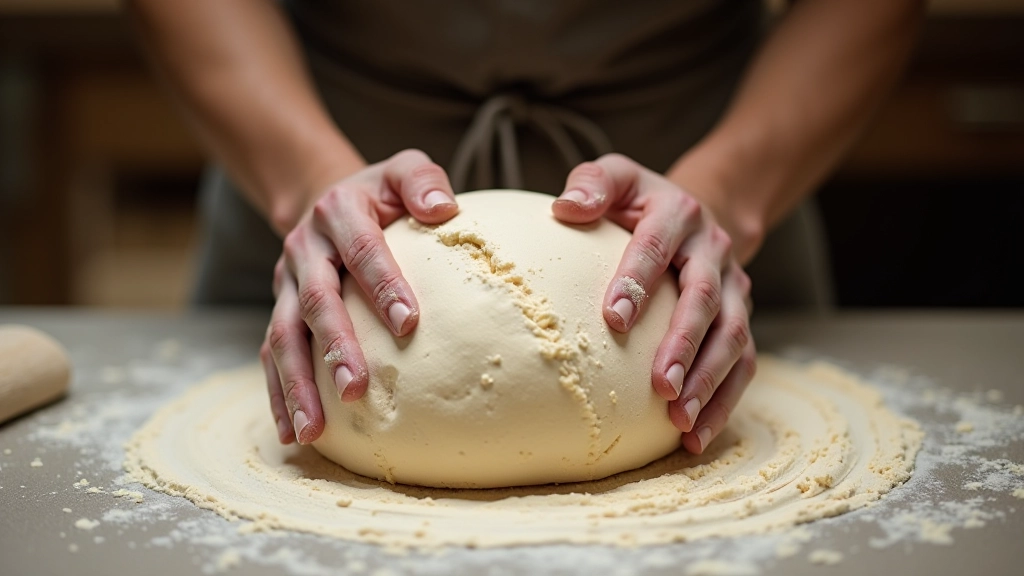 Baker's hands shaping a round boule of sourdough dough