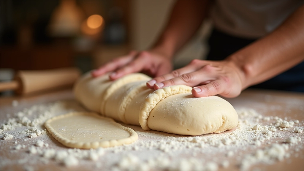 Hands rolling and shaping batard-style sourdough loaf, showing envelope folding technique on work surface