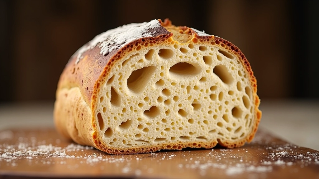 Cross-section of dense, gummy sourdough loaf showing texture problems