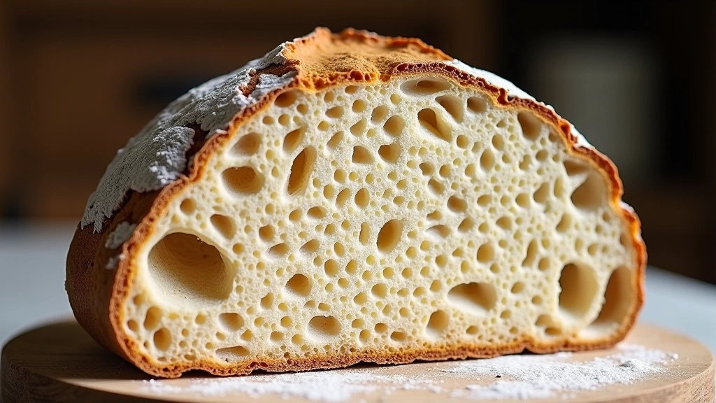 Cross-section of sourdough loaf showing crumb structure, some dense areas and some open, demonstrating common issues