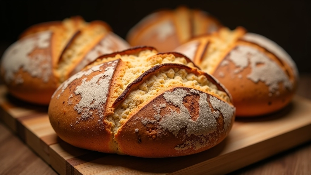 Freshly baked sourdough loaves cooling on wooden surface with golden crust and scoring visible