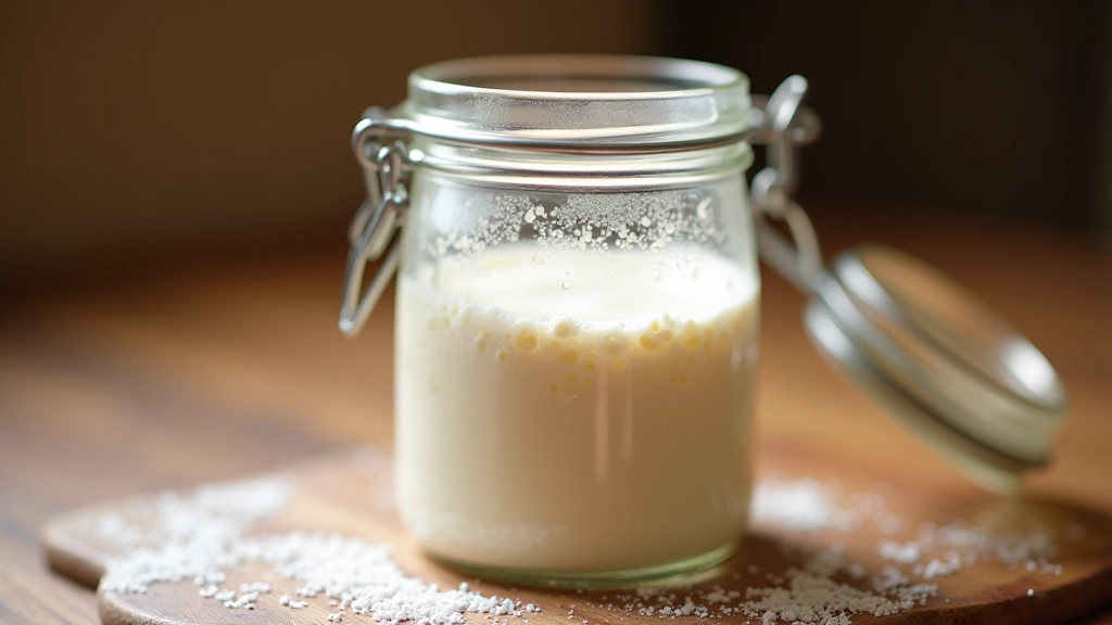 Sourdough starter jar on days 4-5 showing increased bubble activity and visible foam layer on top, glass jar on wooden table