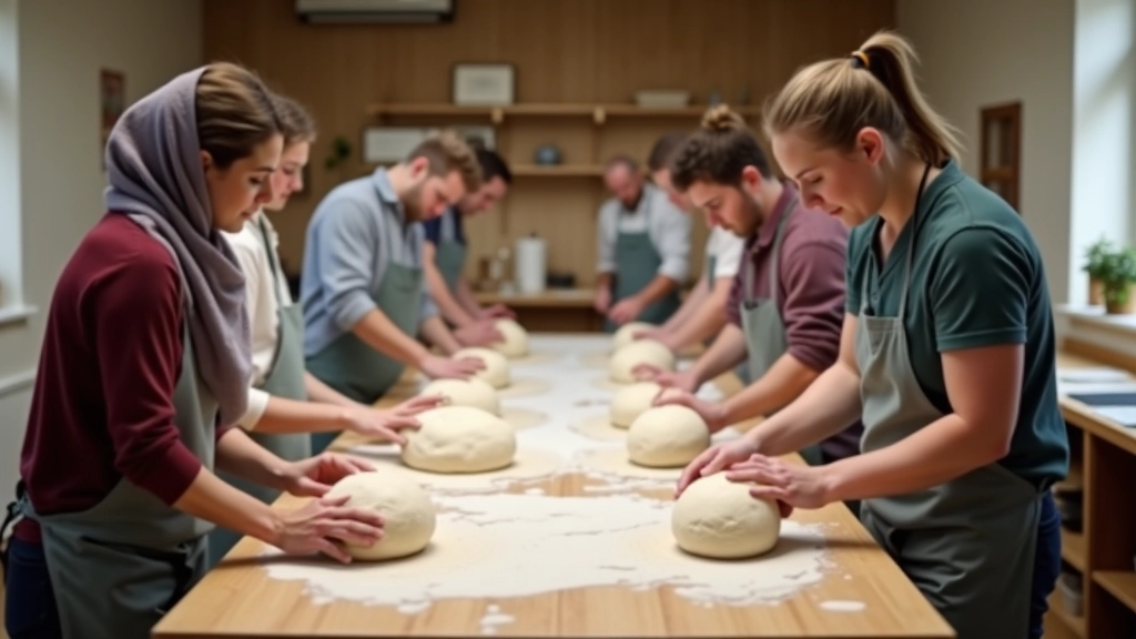 Group of sourdough students in workshop setting working with dough at wooden tables