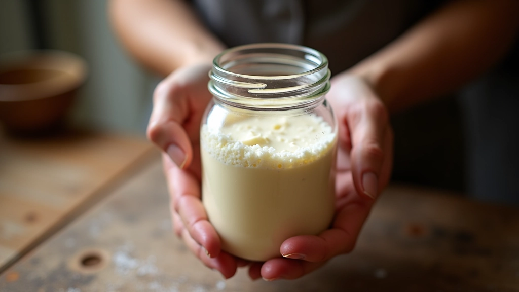 Hands holding active sourdough starter in glass jar