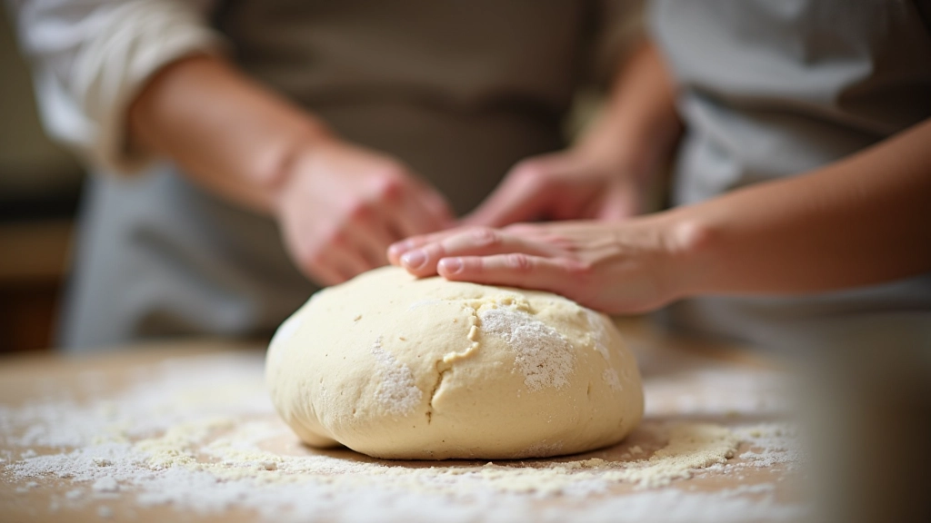 Hands-on sourdough baking workshop in progress, showing dough shaping and fermentation techniques being taught