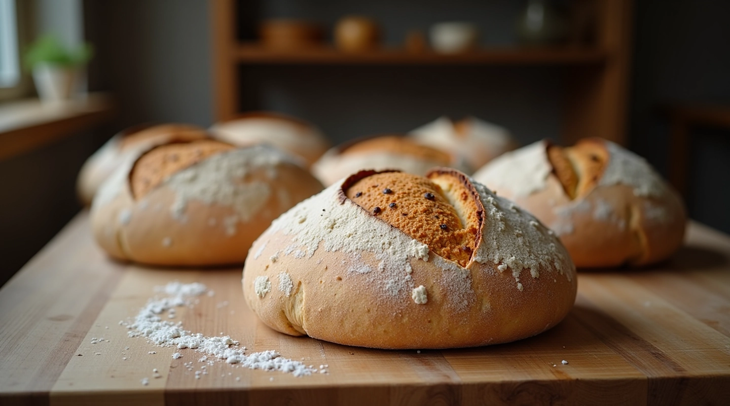 Sourdough baking workshop with freshly baked loaves on wooden table