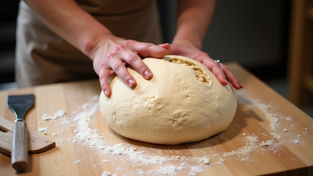 Step-by-step visual guide showing hands performing boule shaping technique on sourdough dough
