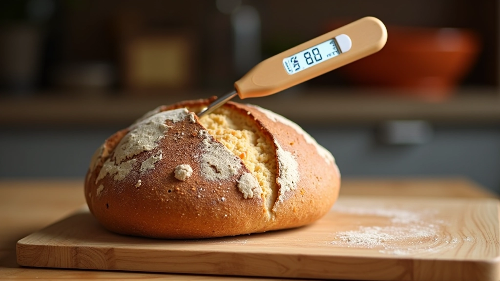 Internal thermometer inserted into center of baked sourdough loaf, measuring final baking temperature for doneness
