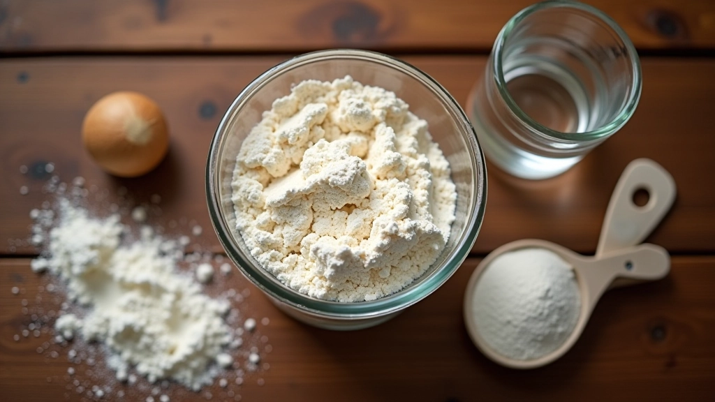 Overhead shot of sourdough starter ingredients laid out: jar, flour in bowl, water in glass, spoon, measuring scoop