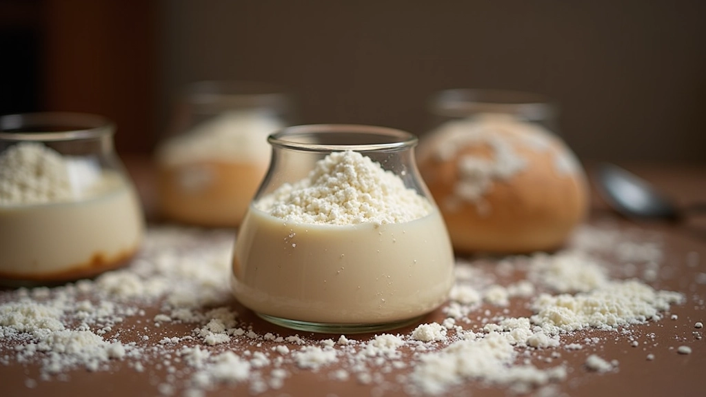 Step-by-step process of creating an active sourdough starter from flour and water, showing fermentation progression