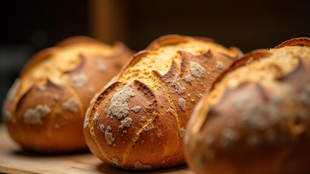 Golden sourdough loaves fresh from the oven with scoring patterns visible