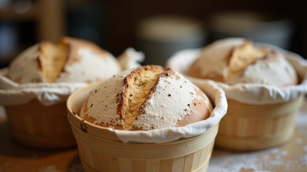 Multiple sourdough loaves at different stages of fermentation on proofing baskets